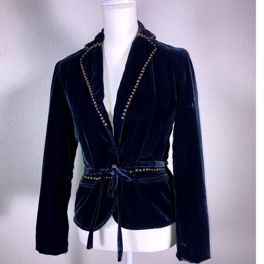 Unbranded Navy Blue Silk Blend Velvet Studded Wrap Blazer Jacket with Tie Waist